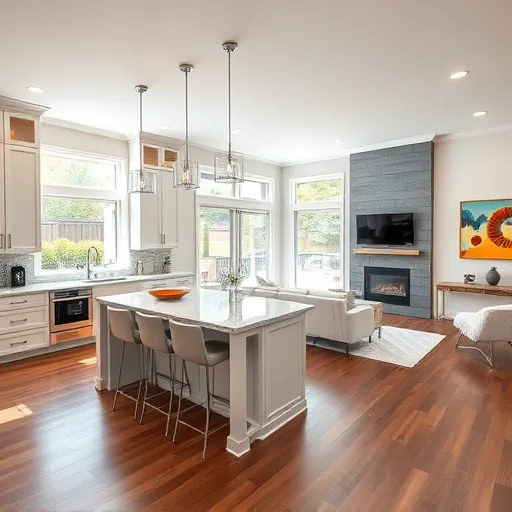 Completed home remodeling project in Bailey’s Arbor MN features a modern kitchen and seamlessly integrated living area.