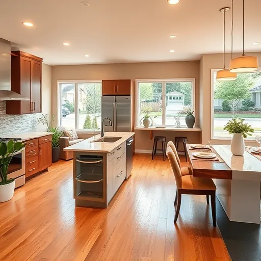 Modern kitchen in Wedgewood MN with sleek cabinetry, quartz countertops, and open-concept living area. Natural light floods the space.