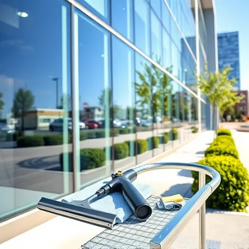 Pristine commercial building window in Wedgewood MN reflecting blue sky and greenery, with cleaning tools in foreground