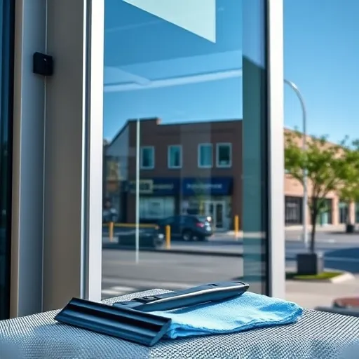 Sparkling window on a modern commercial building in North Maplewood, MN, reflecting the clear blue sky and surrounding area.