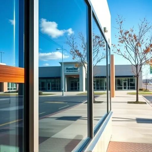 Sparkling clean commercial window in Inver Grove Heights MN reflecting blue sky with autumn foliage and urban surroundings