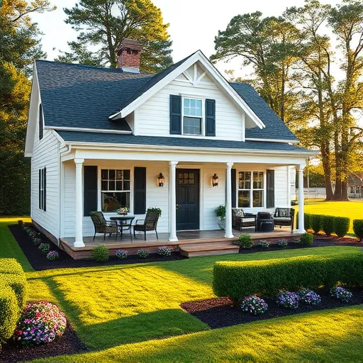 Completed home remodel in Stonemill Farms showcasing a modern farmhouse with white siding, gray shutters, and lush landscaping.