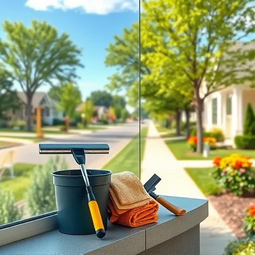 Pristine window reflecting blue sky and green trees in Wildflower Community with cleaning tools on ledge and suburban background