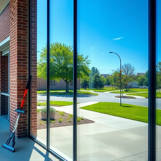 Spotless glass window reflecting a clear blue sky at a modern office building in Tanners Lake Area MN, showcasing meticulous cleaning.