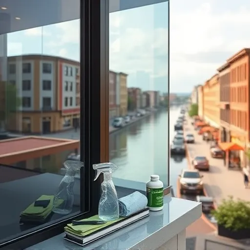 Meticulously cleaned window on a modern building reflects Stillwater's river and historic architecture, showcasing professional tools.