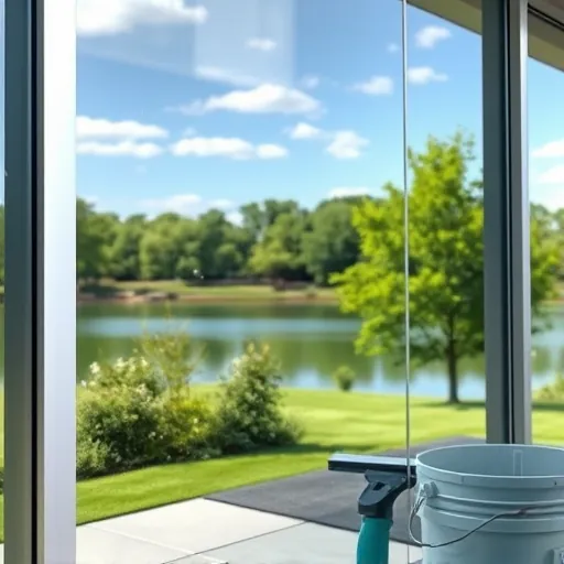 Spotless window on a modern commercial building in North Lake Elmo MN reflecting lush trees and blue skies.