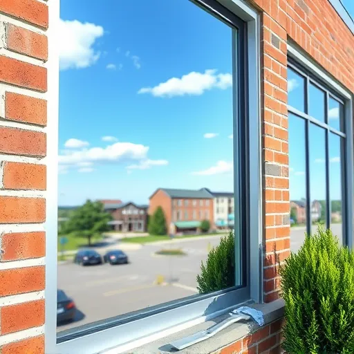 Pristine clean window reflecting blue sky and clouds on modern building in Stillwater MN with greenery and townscape