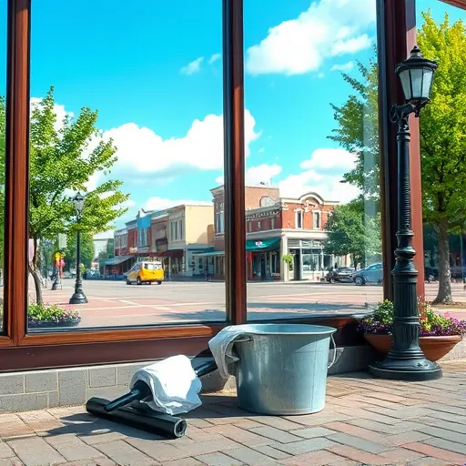 Spotless window reflecting blue sky and historic Lake Elmo buildings, with cleaning tools neatly arranged.