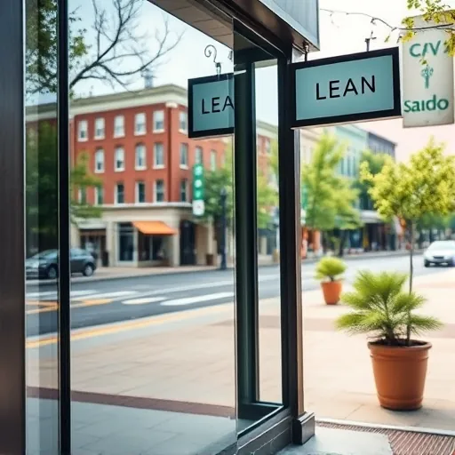 Pristine storefront window in Stillwater MN with reflective glass, historic downtown, lush greenery, and professional cleaning highlights.