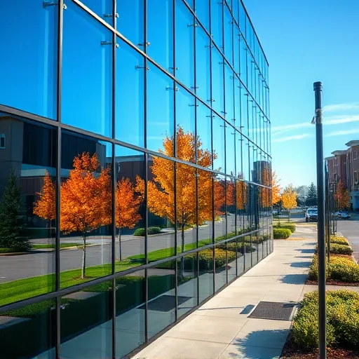 Pristine commercial building with spotless glass windows reflecting autumn trees and blue skies in Apple Valley MN