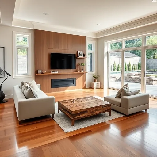 Spacious Woodbury MN living room with modern furnishings, natural light, crown molding, and outdoor patio views.