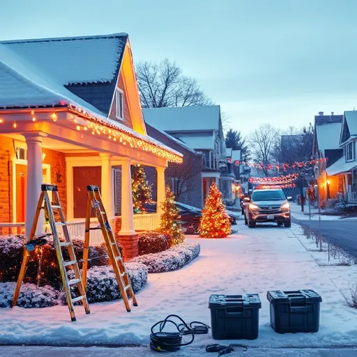 Professional Christmas light installation and removal on a decorated house in Stillwater with festive lighting, snow, and organized equipment