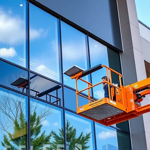 Clean window on modern building with reflections of blue sky and trees, featuring a colorful safety boom lift and cleaning tools