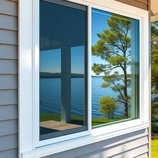 Pristine clean window on modern house in Tanners Lake MN reflecting sunny sky and lush trees with scenic lake view
