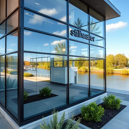 Commercial building in Stillwater MN with gleaming glass windows reflecting nature and modern design amidst lush greenery