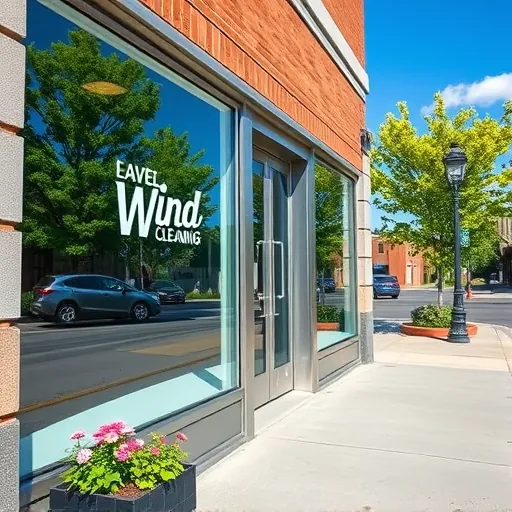 Modern window cleaning business in Oakdale MN with shiny storefront, clean windows reflecting blue sky and greenery