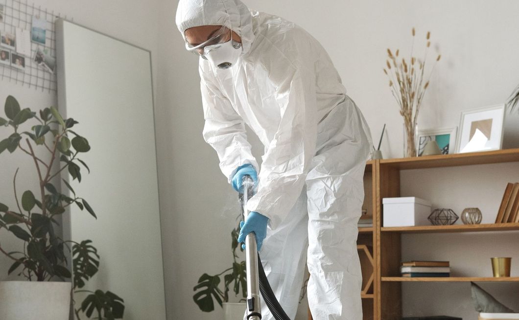 Cleaner steam cleaning a beige carpet in a bright living room