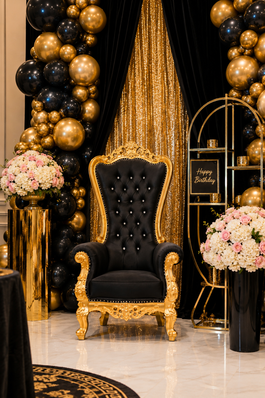 Black and gold single throne chair available for rent from Kshels Party Supplies