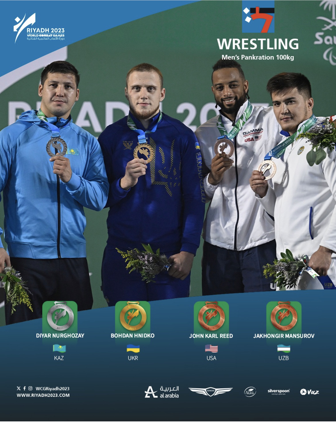 Coach Majid Corbett on the podium at the 2023 GAMMA World Championship in Riyadh representing Team USA