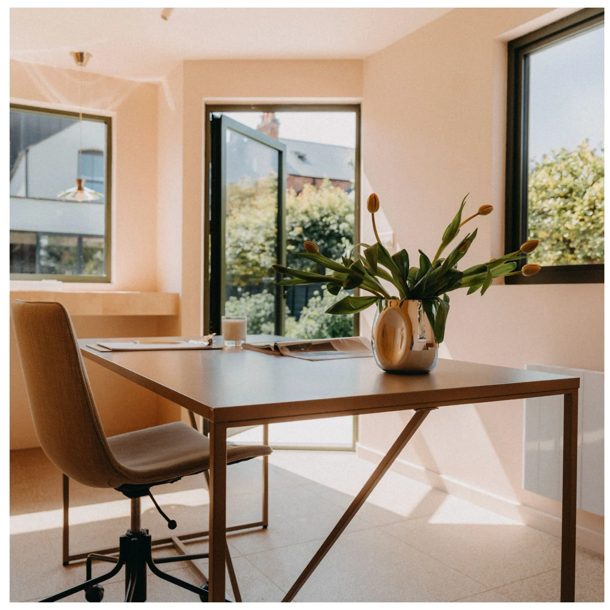 Photorealistic cosy garden office interior with desk and plants