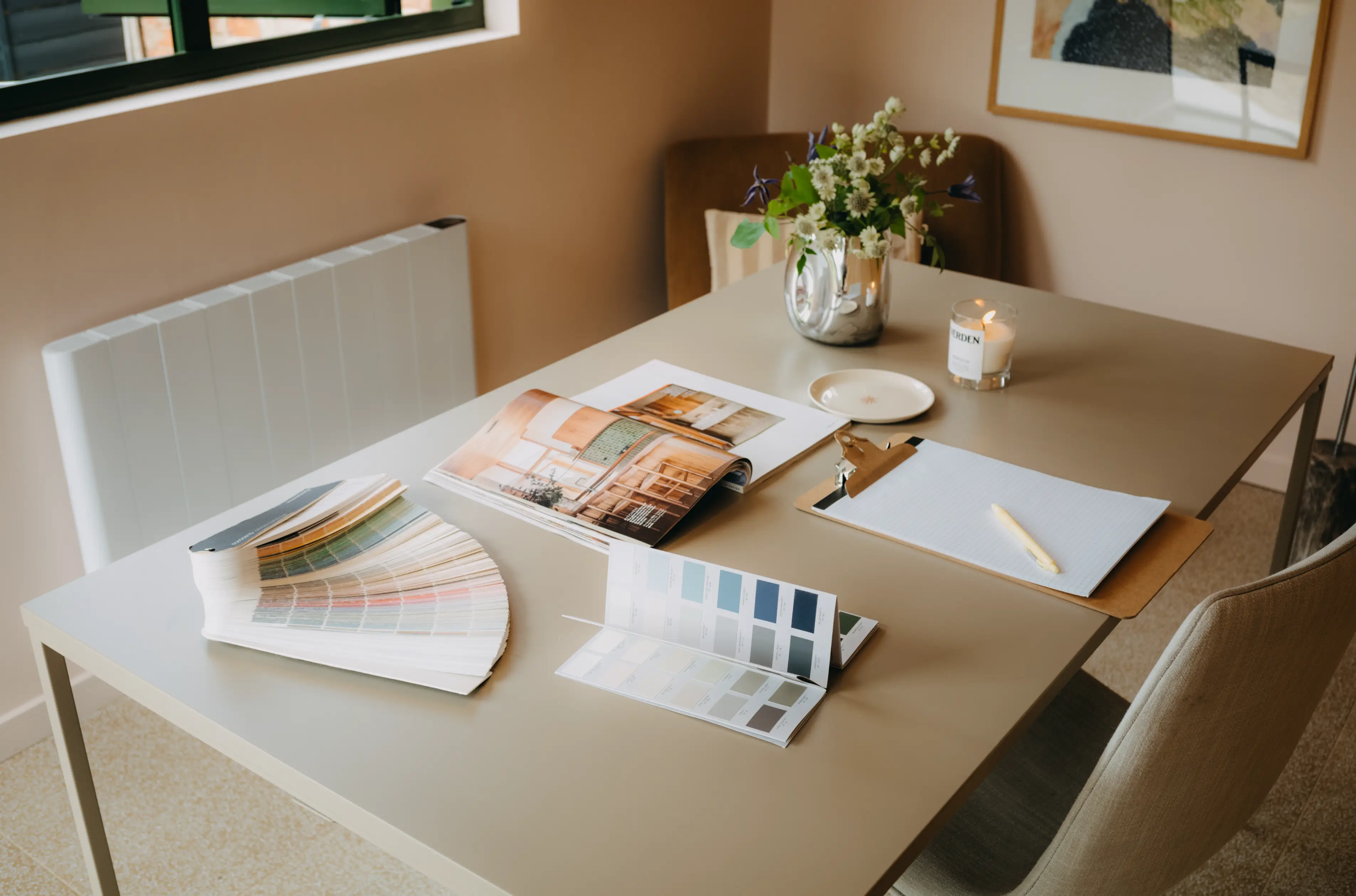 Soft earthy interior colours and finishes inside an NG2 garden room
