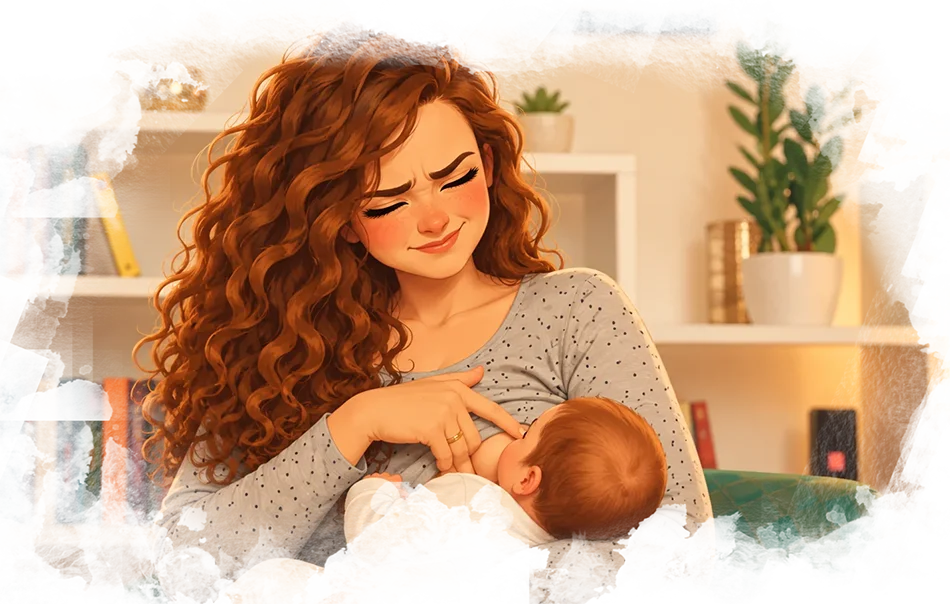 Ilustración de una madre con molestias y dolor al amamantar a su bebé.