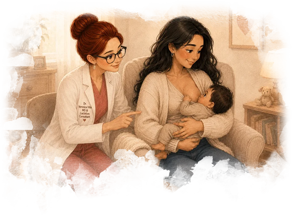 Ilustración de la Dra. Verónica Villa orientando a una madre sobre cómo amamantar a su bebé.