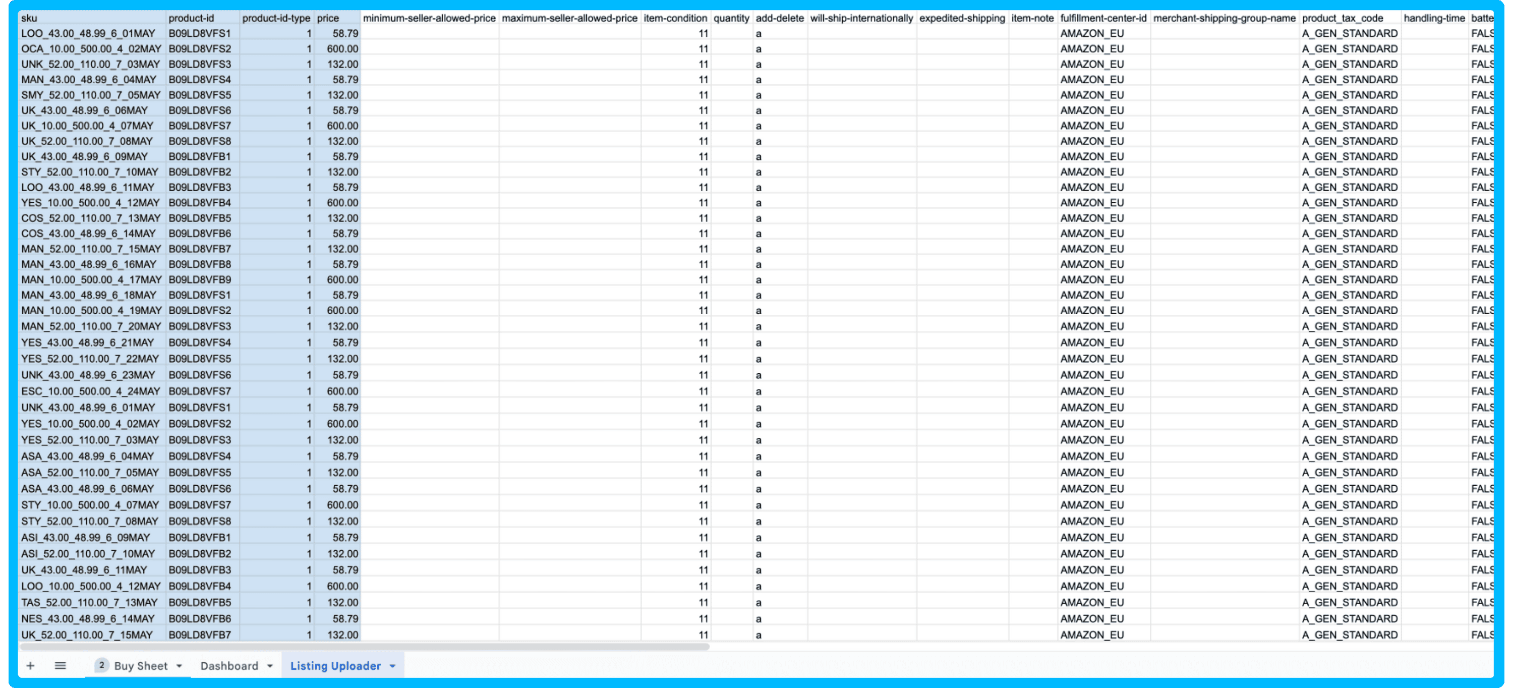 SellerSmart Listing Uploader tab displaying bulk Amazon product upload sheet to streamline Seller Central listings.