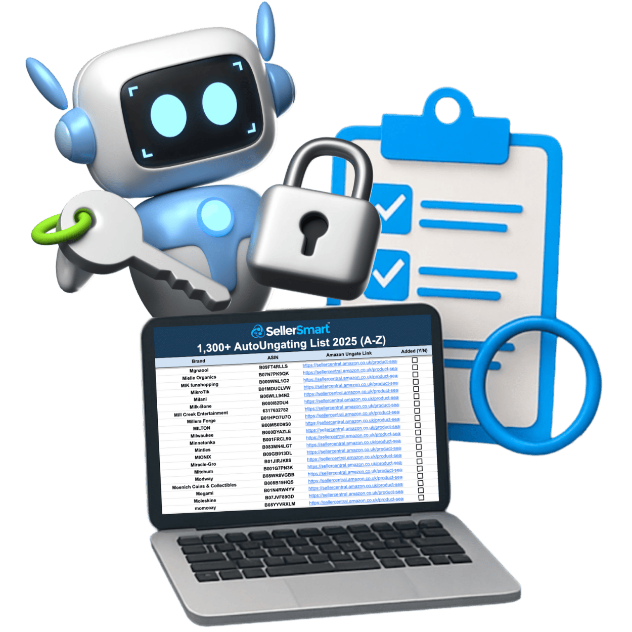 SellerSmart hero section showing free 1,300+ Amazon FBA UK ungate list with robot mascot, checklist, and ungate sheet.