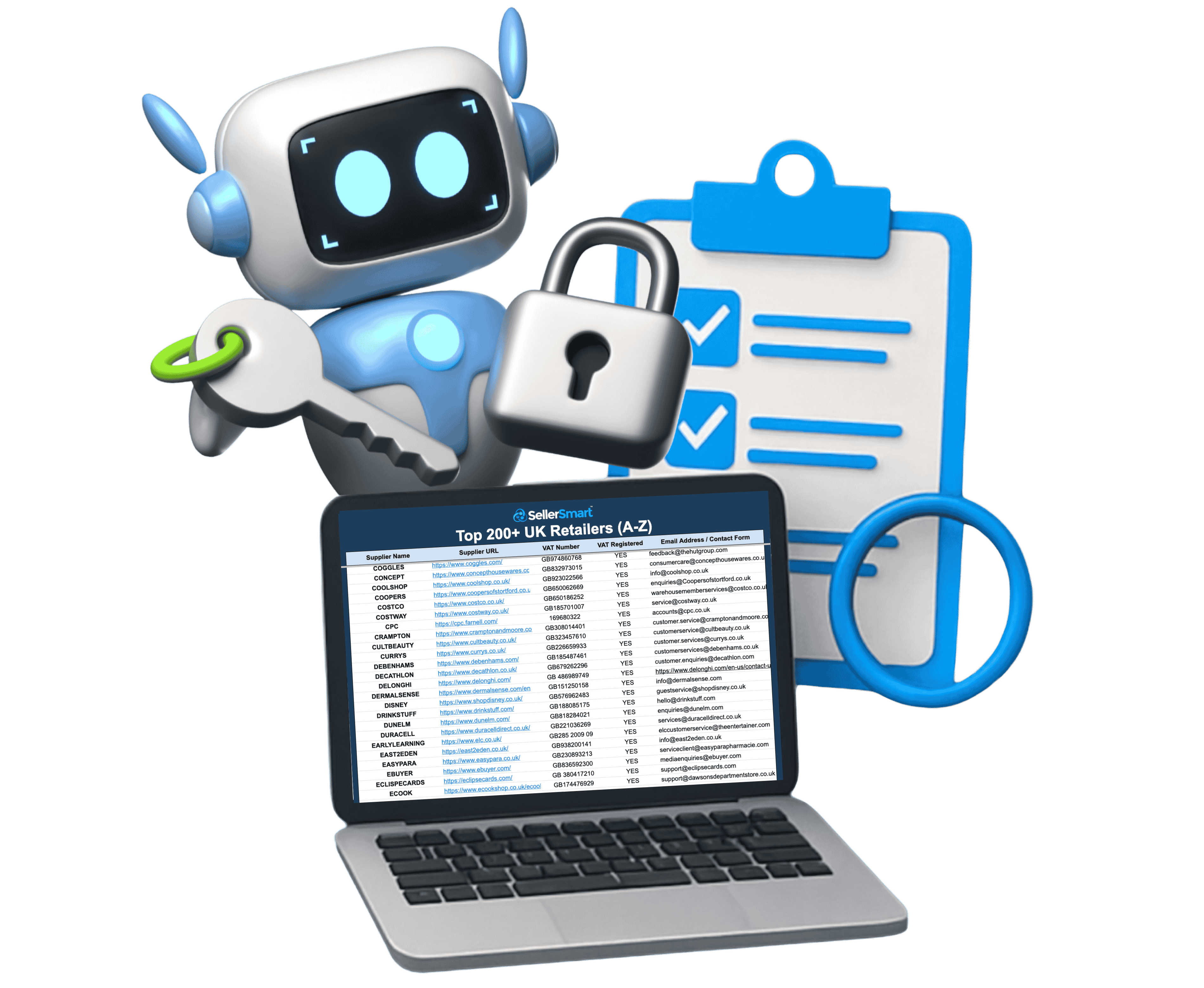SellerSmart bot with secure access key, checklist, and laptop showing 200+ verified UK retailers for Amazon FBA sellers