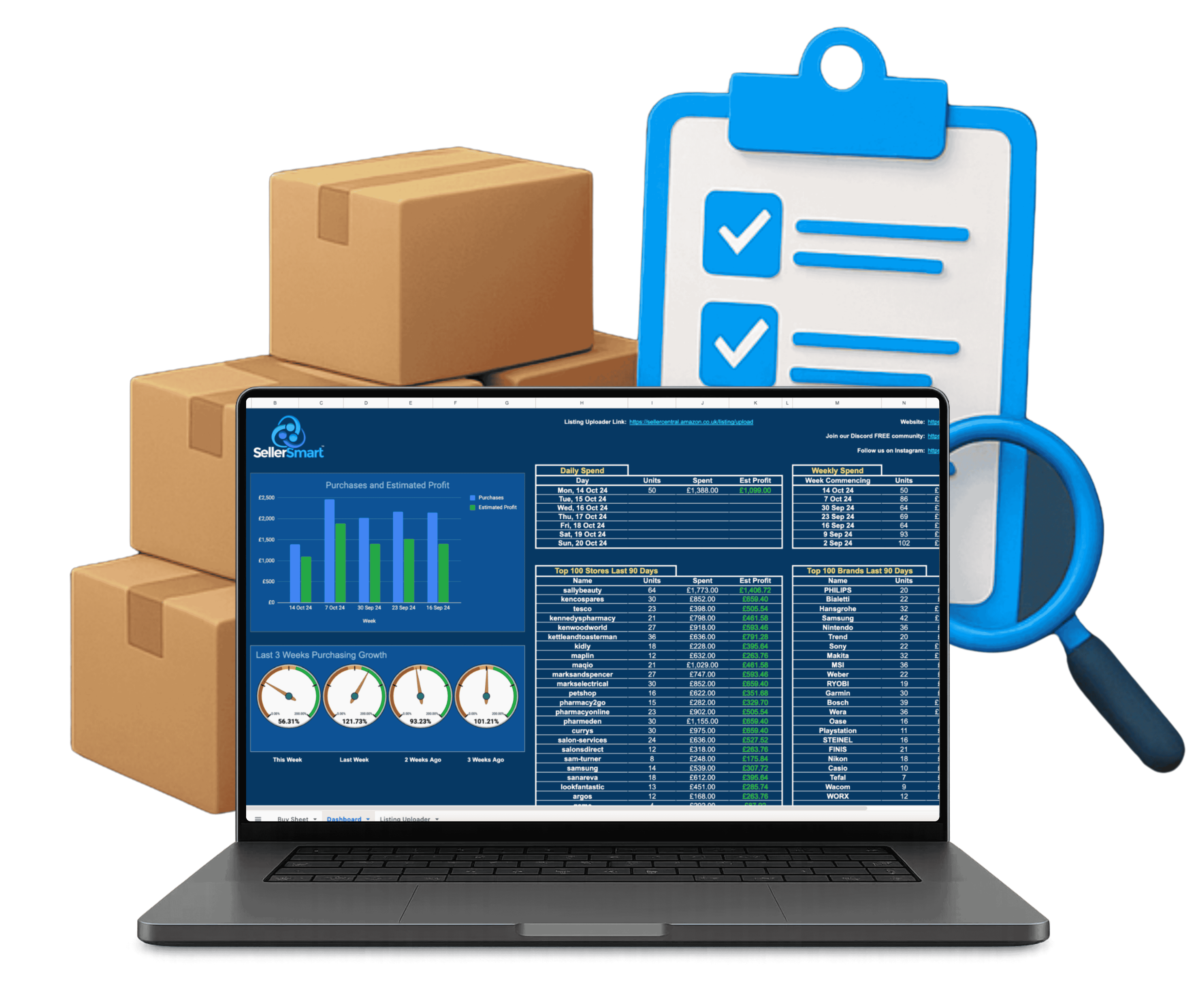Laptop displaying SellerSmart’s Amazon purchasing sheet dashboard, surrounded by cardboard shipping boxes, clipboard, and magnifying glass – used to track spend, weekly profit, and brand/store sourcing data