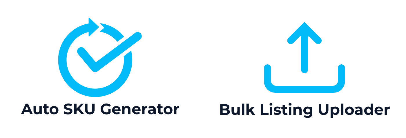 Icons showing features of the purchasing sheet: Auto SKU Generator and Bulk Listing Uploader for Amazon sellers.