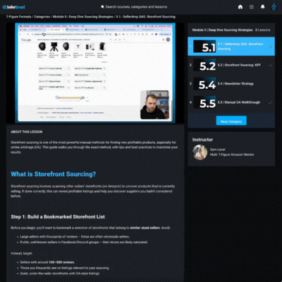 Animated preview of the 7-Figure Formula course inside Discord, showing video lessons, walkthroughs, and FBA strategy.