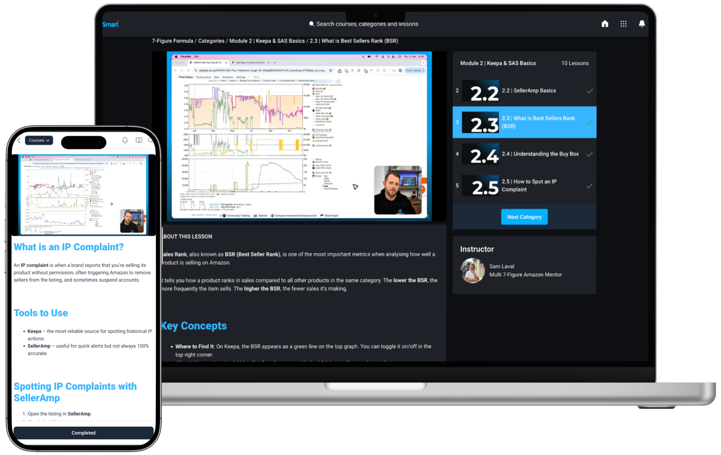 Preview of the 7-Figure Formula Amazon FBA course displayed on laptop and mobile devices
