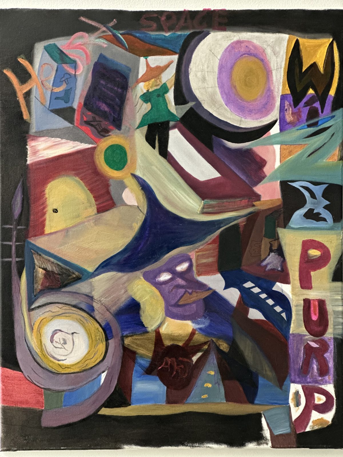 Painting by Cameron Gray with the words heart and space among bold shapes
