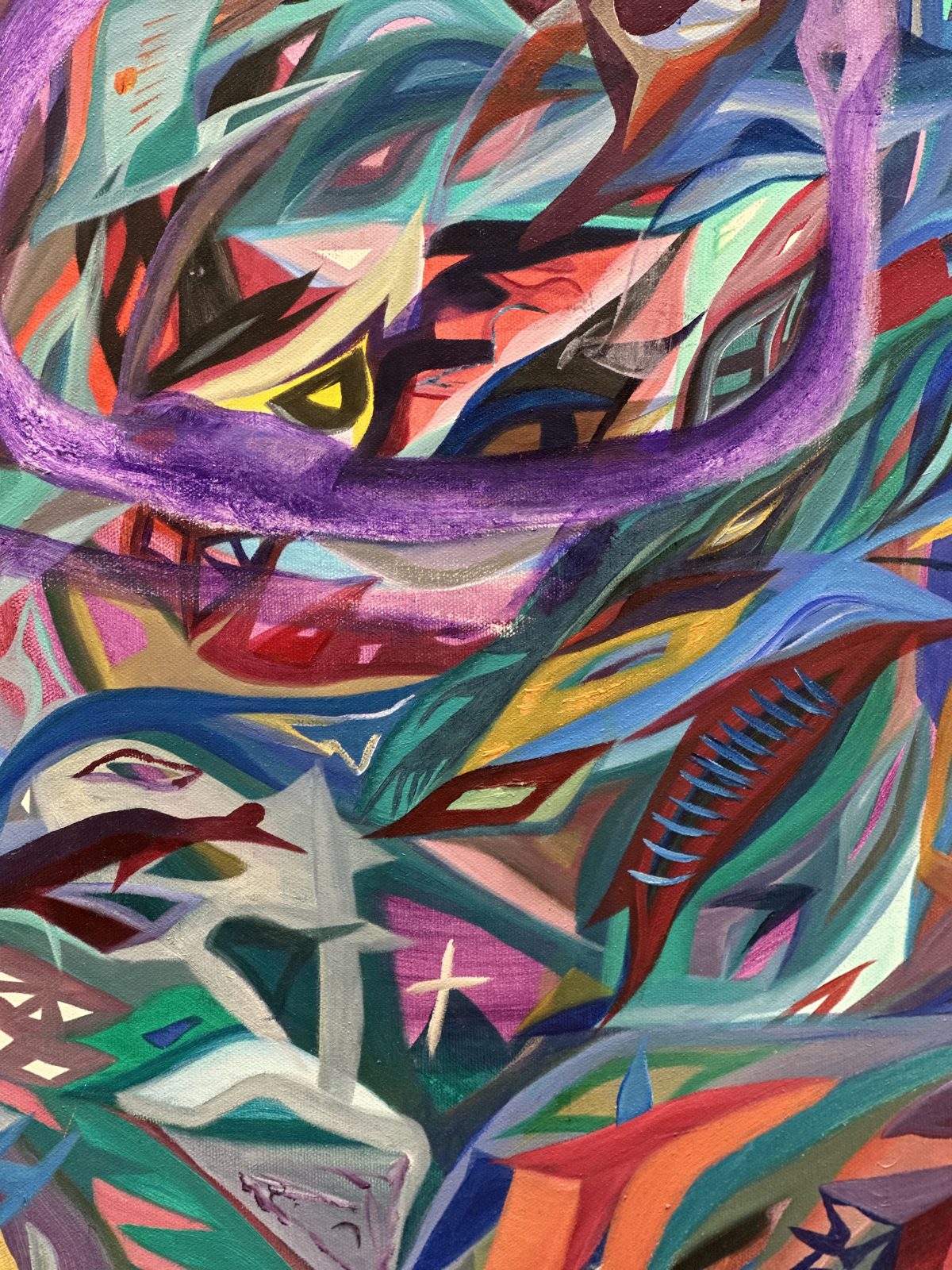 Close-up of a Cameron Gray painting with a sweeping purple ring