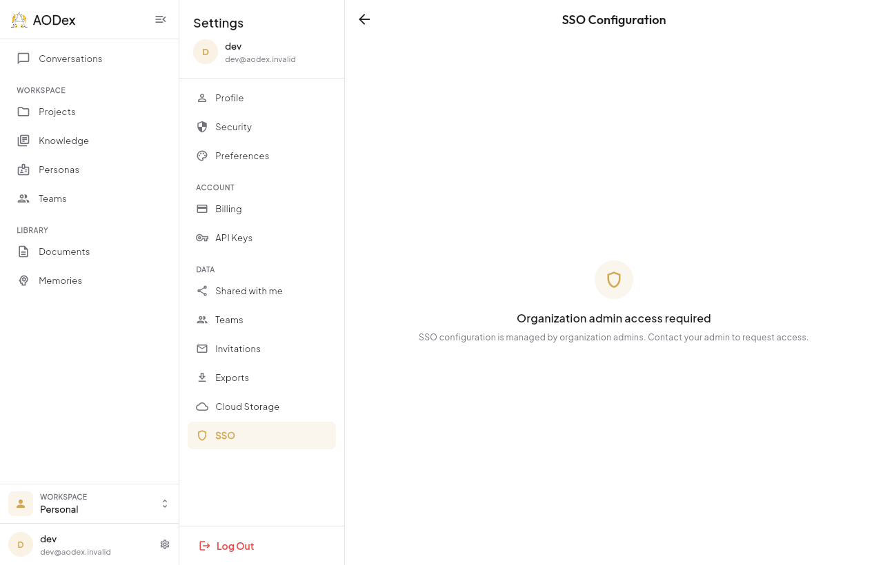 The SSO settings entry showing “Organization admin access required” — the view for a team member who is not an organization admin