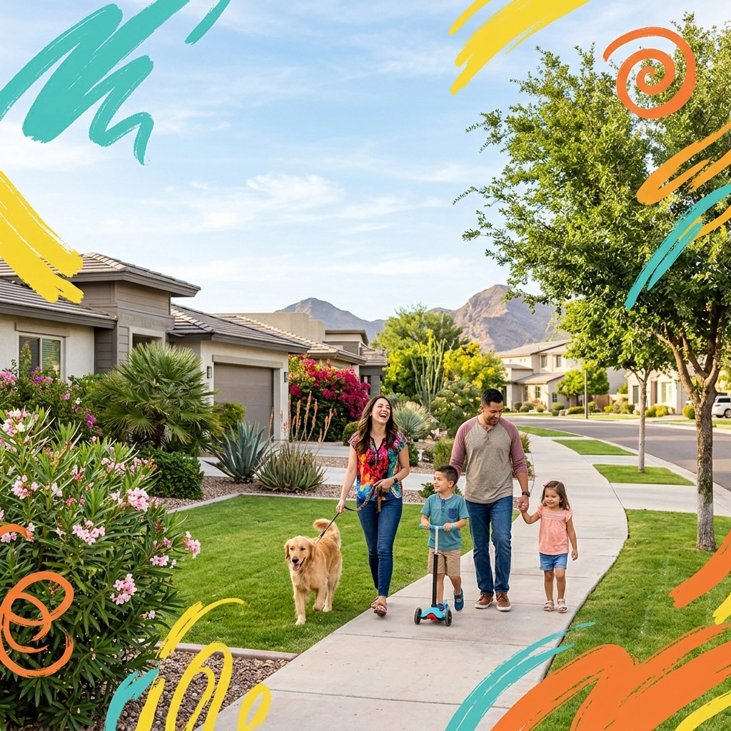 family walking in a modern Glendale AZ neighborhood family walking in a modern Glendale AZ neighborhood