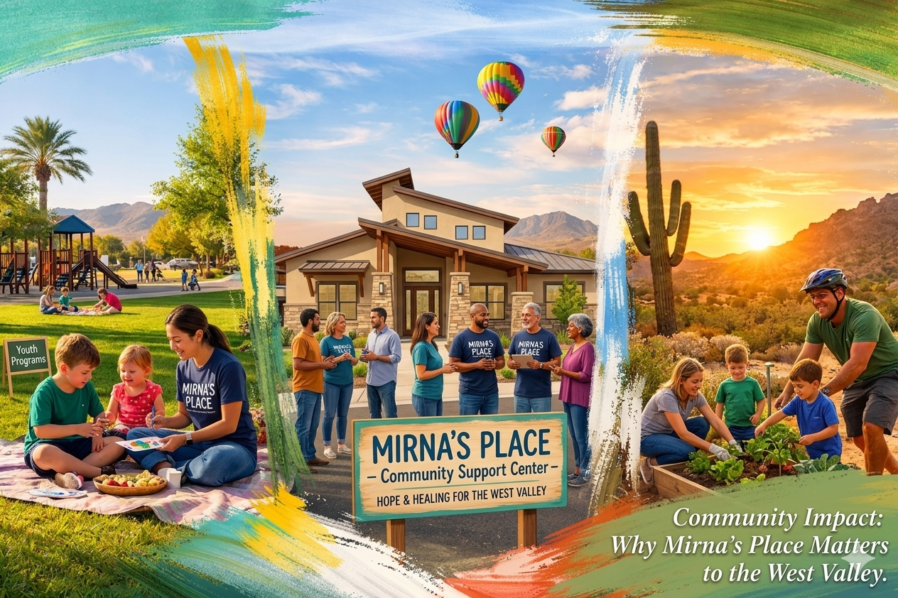 A painted frame showing Mirna’s Place center with people, youth programs, and a community garden in the West Valley.