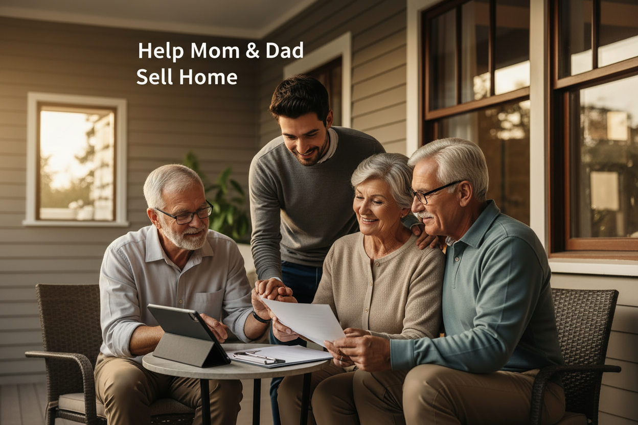 Family reviewing home sale documents with a real estate professional on a porch
