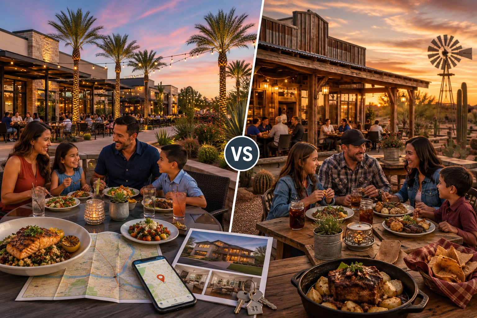 Split-scene comparison of modern Goodyear and rustic Buckeye family-owned restaurant patios with families dining at sunset, local food, maps, and real estate neighborhood details. Split-scene comparison of modern Goodyear and rustic Buckeye family-owned restaurant patios with families dining at sunset, local food, maps, and real estate neighborhood details.