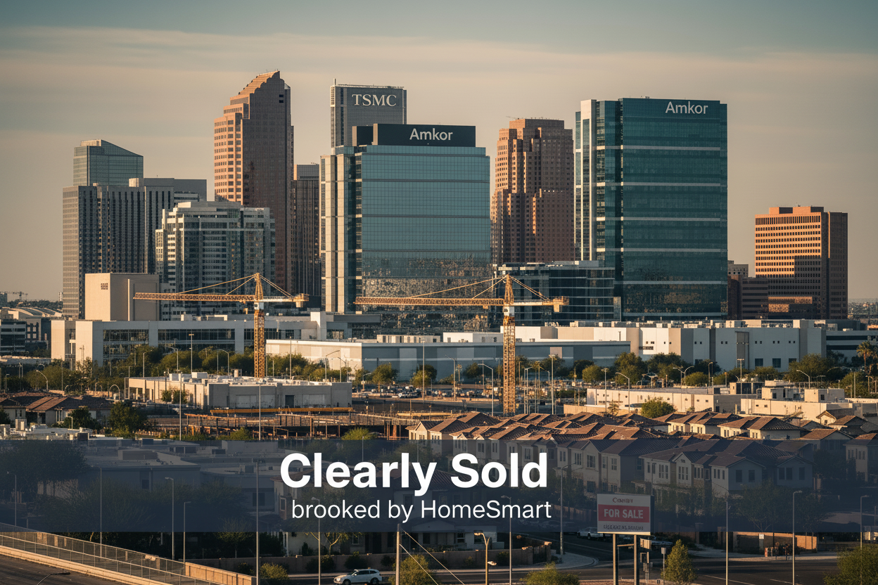 Cityscape with residential homes and high-rise buildings at golden hour — Clearly Sold brokered by HomeSmart