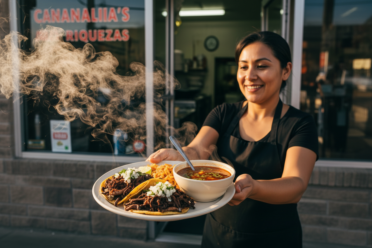Smiling restaurant server holding a plate of beef tacos, Mexican rice, and soup outside Analiia's Riquezas restaurant