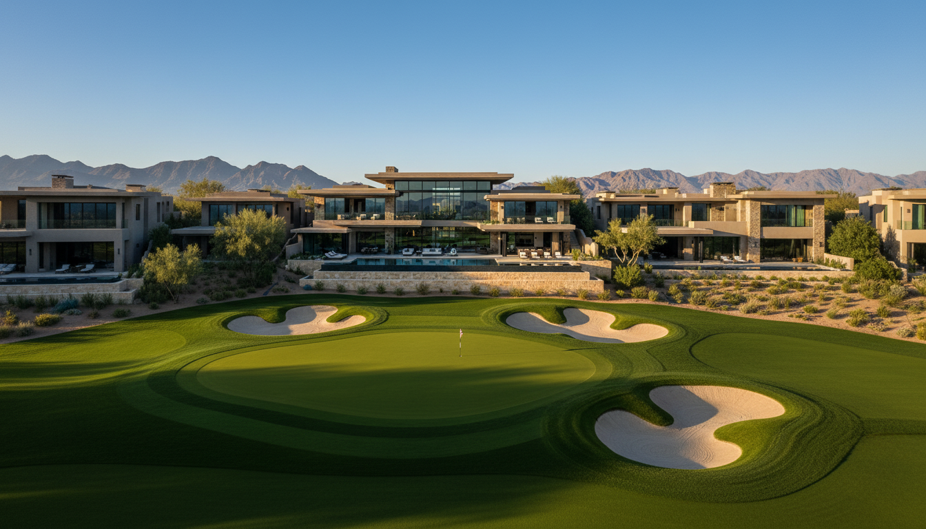 Luxury modern mansion with infinity pool, golf course, and Arizona mountain views