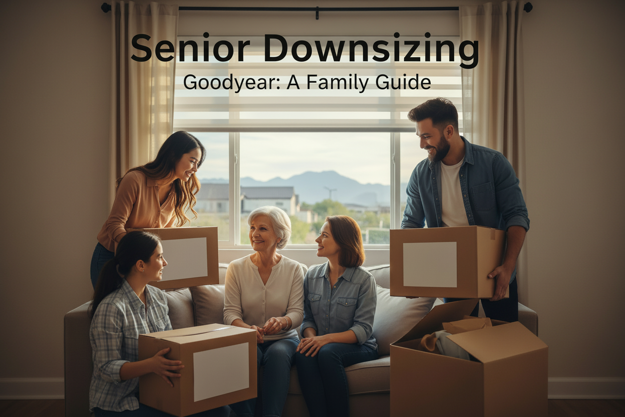 A multi-generational family smiling and packing boxes together in a cozy living room, illustrating a senior downsizing guide for Goodyear, AZ