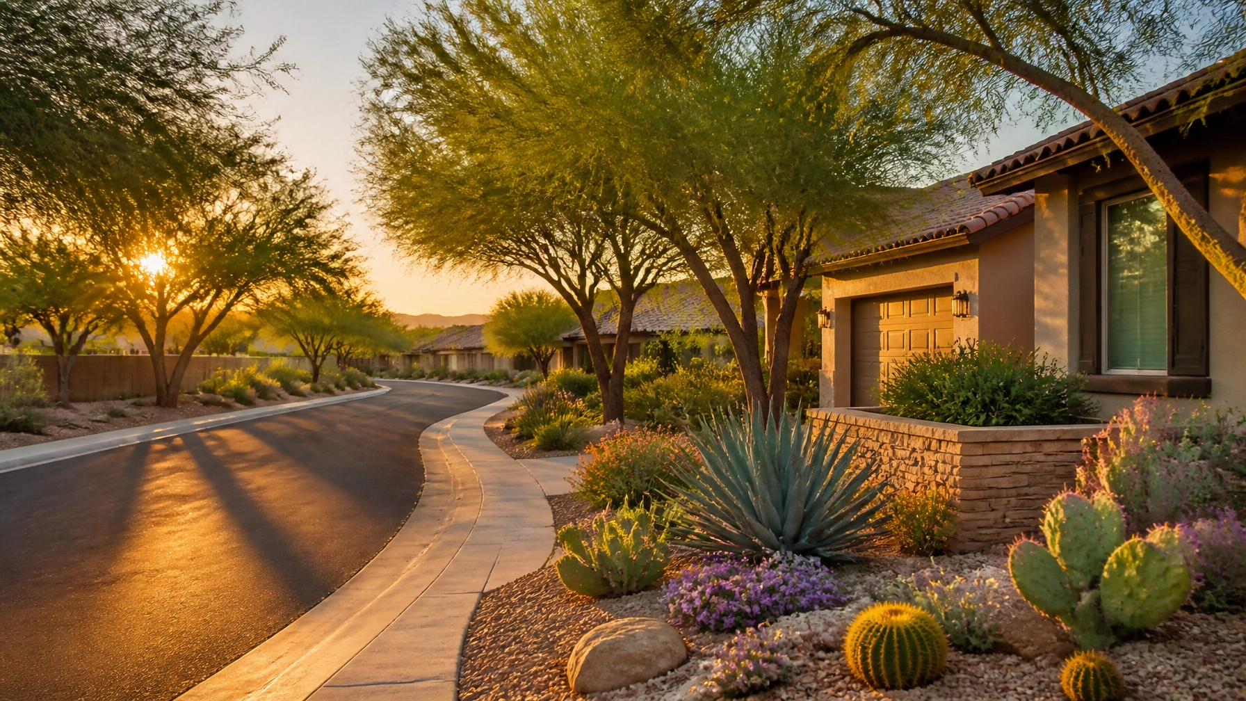 A peaceful residential street in Peoria Arizona showing the local lifestyle