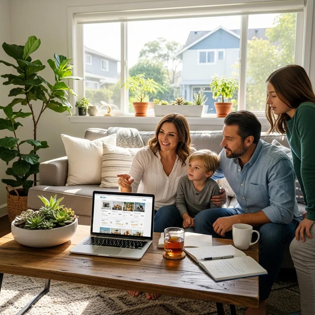 A family collaborating on a home search using a laptop in a bright Arizona living room