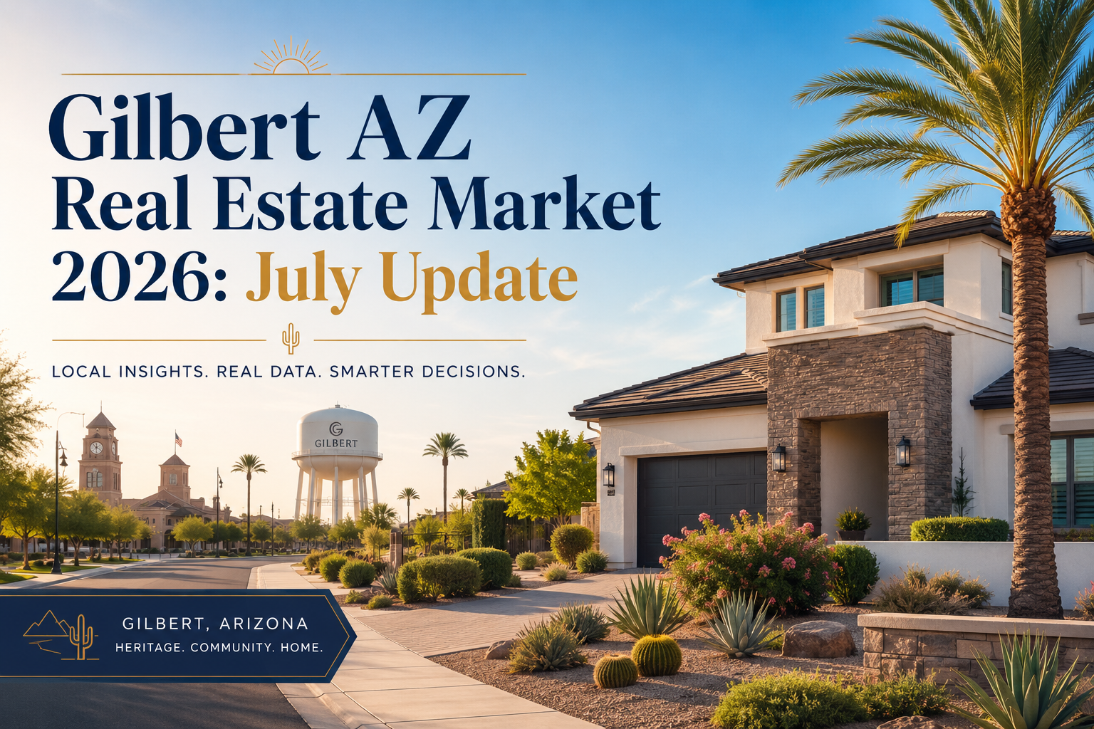 Gilbert, Arizona real estate market update graphic featuring a modern desert-style home, palm trees, Gilbert water tower, and the headline “Gilbert AZ Real Estate Market 2026: July Update.”