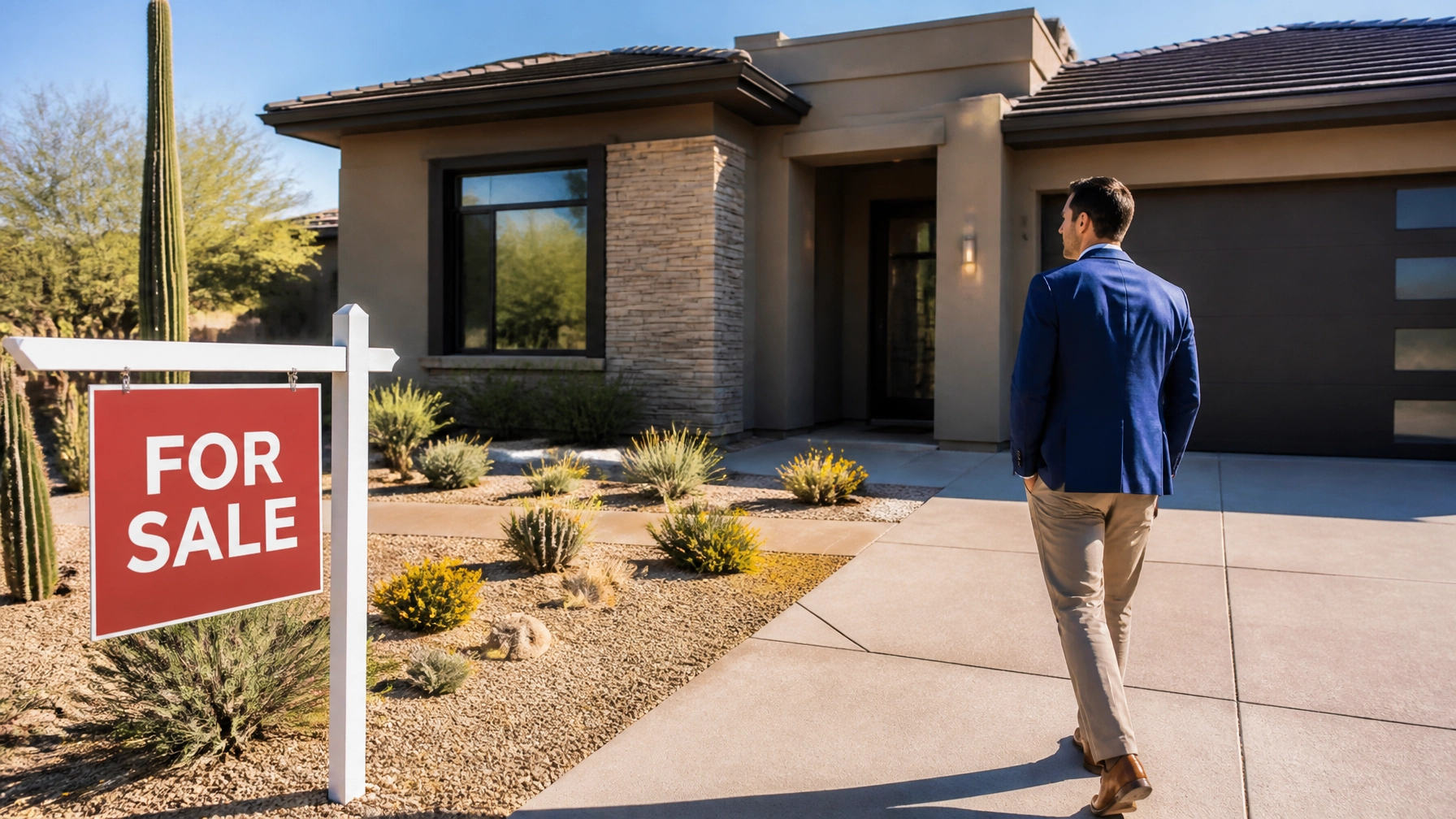 Modern Arizona home for sale with a discerning buyer evaluating the property.