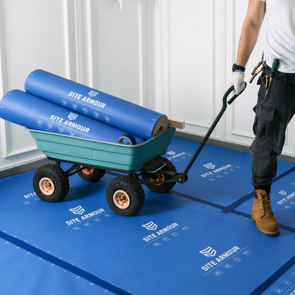 Worker wheeling a cart loaded with Site Armour rolls across a protected floor